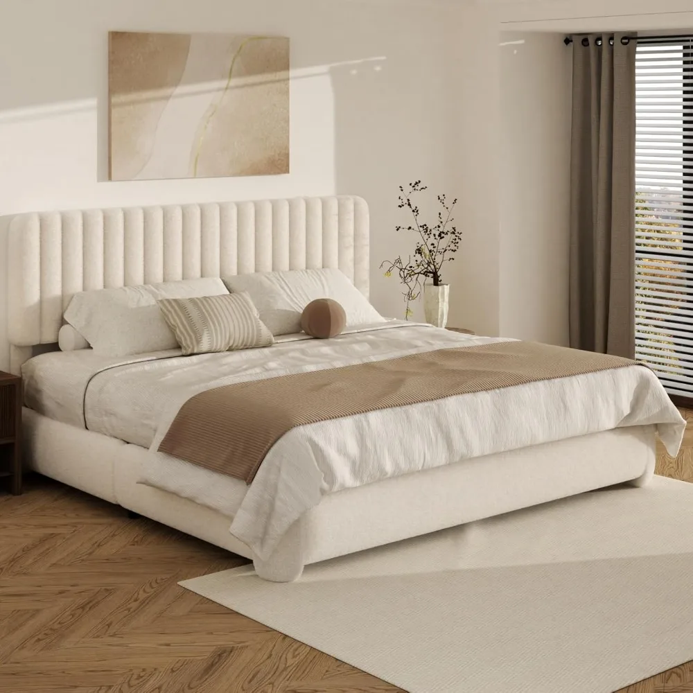 

king-size upholstered cloud bed frame with round corner adjustable headboard, modern platform bed without box spring