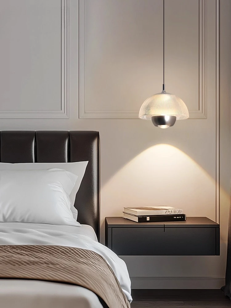 

2025 new Italian minimalist bedroom background wall with high-end lifting design and small pendant light