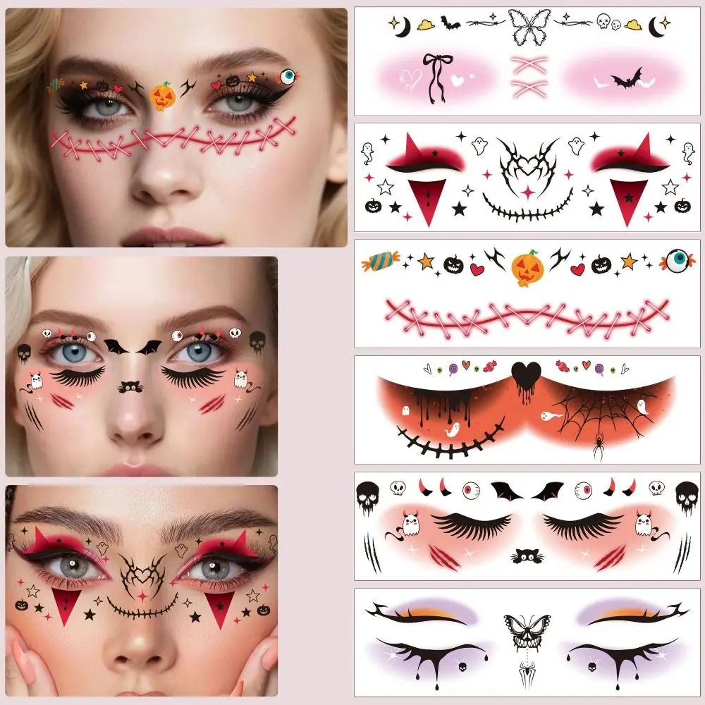 12pcs Disposable Halloween Face Tattoo Waterproof Long-acting Cheek Temporary Stickers Portable Terrifying Bat Face Stickers