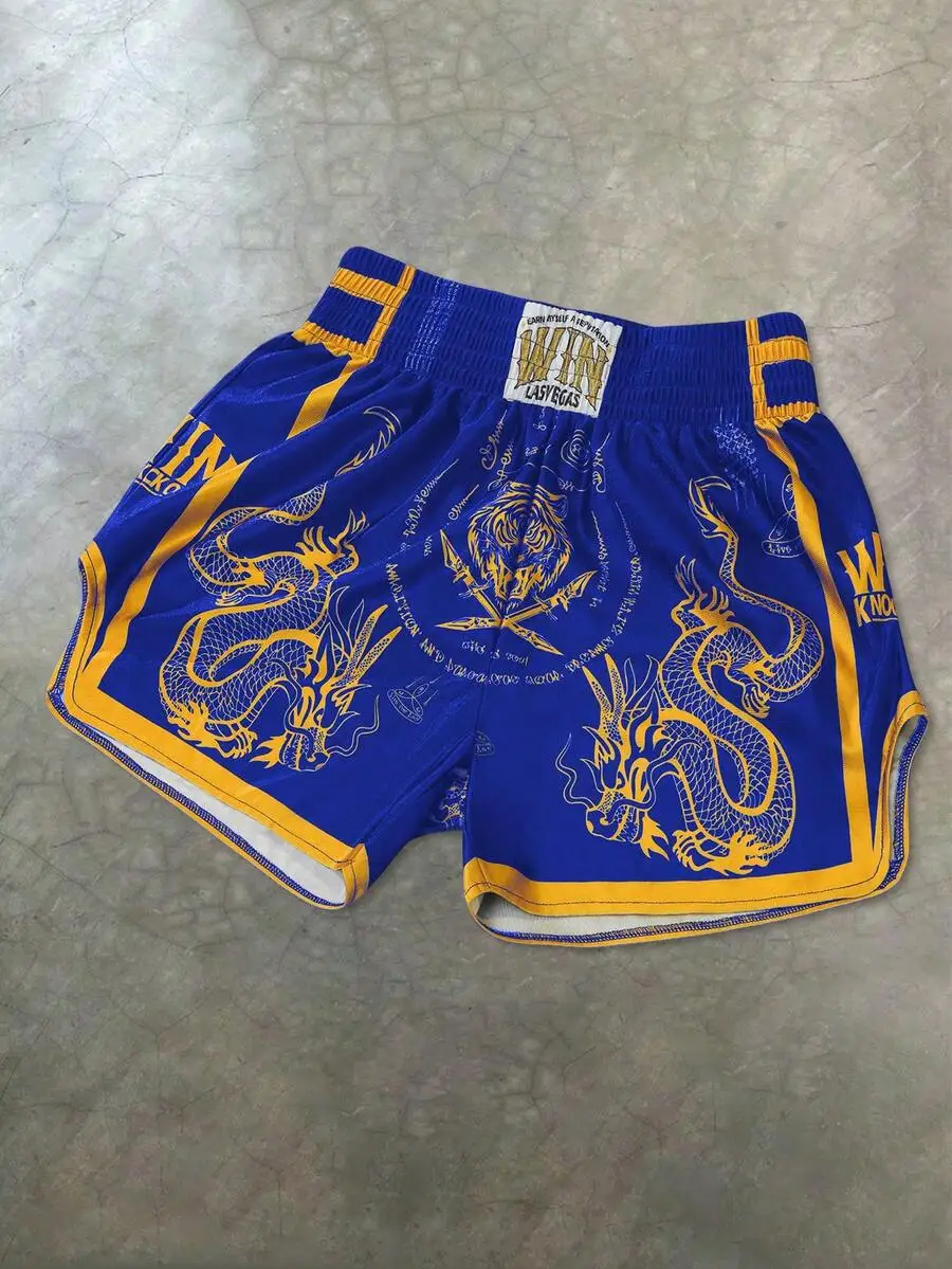 

Mens Blue Gold Dragon Tiger Print Thai Boxer Shorts Elastic Waist Sports Casual Shorts