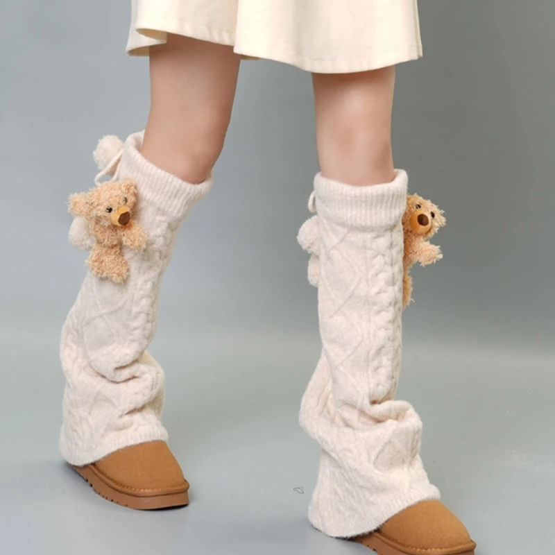 

49ME Cute Plush Bear Rabbit Dolls Flared Leg Warmers Winter Flared Drawstring Boot Covers Footless Socks for Women and Teens