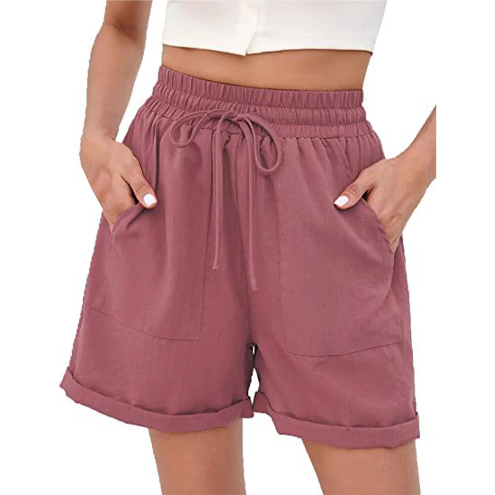 Casual Cotton Linen Shorts For Women Classic Solid Color Drawstring Double Pocket Trunks Hawaiian Shorts Leisure Streetwear