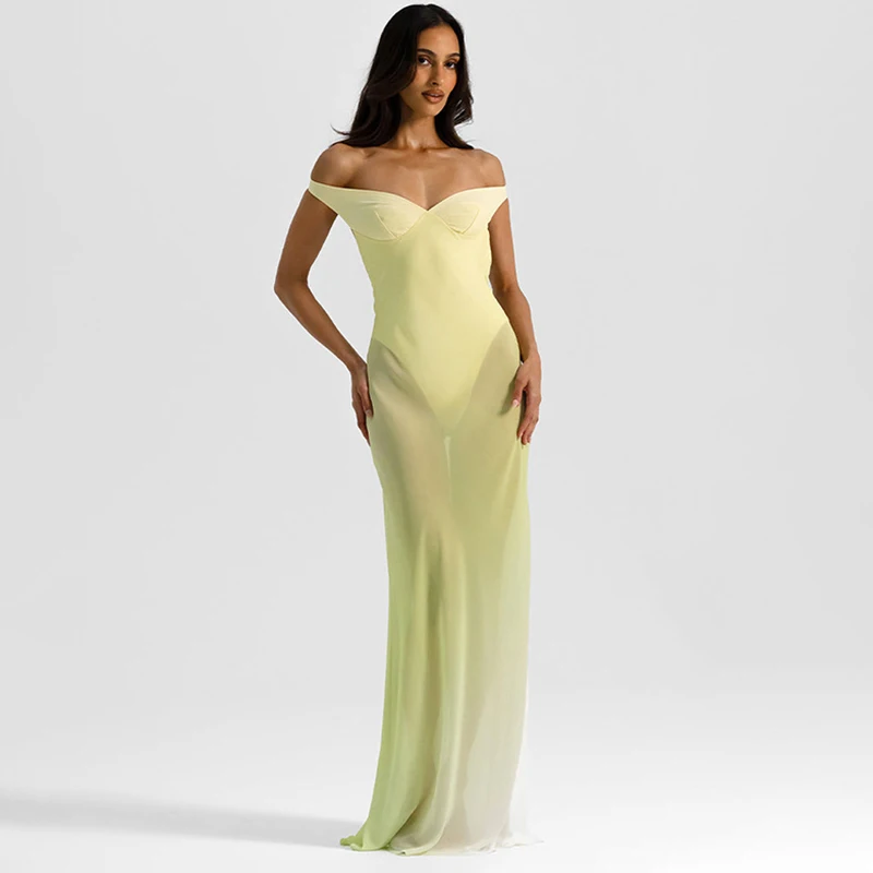

Typhaland Sexy See Through Women's Long Dress One Shoulder Elegant Slim Banquet Party Clothes High Waist Summer Female Dress