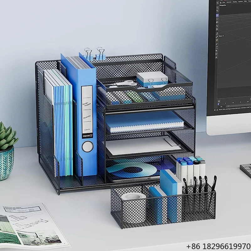 4-Tier Metal Office Desktop Organizer Paper Letter Tray and File Trays for Home School or Office with Storage and Accessories