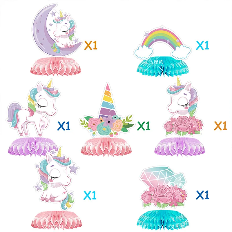 7pcs Unicorn Honeycomb Centerpiece Cute Pink Rainboow Honeycomb Ball DIY Girls 1st Birthday Party Table Ornament Booth Props