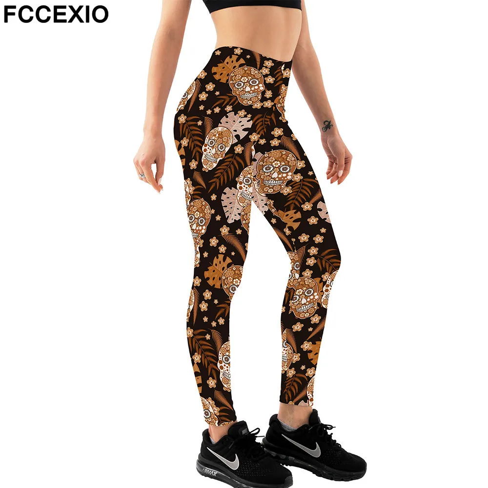 FCCEXIO Punk Rock Skull 3D Print Halloween Tight Leggings Sports Women Fitness Sexy Skinny Leggins Pant Women Party Long Pants