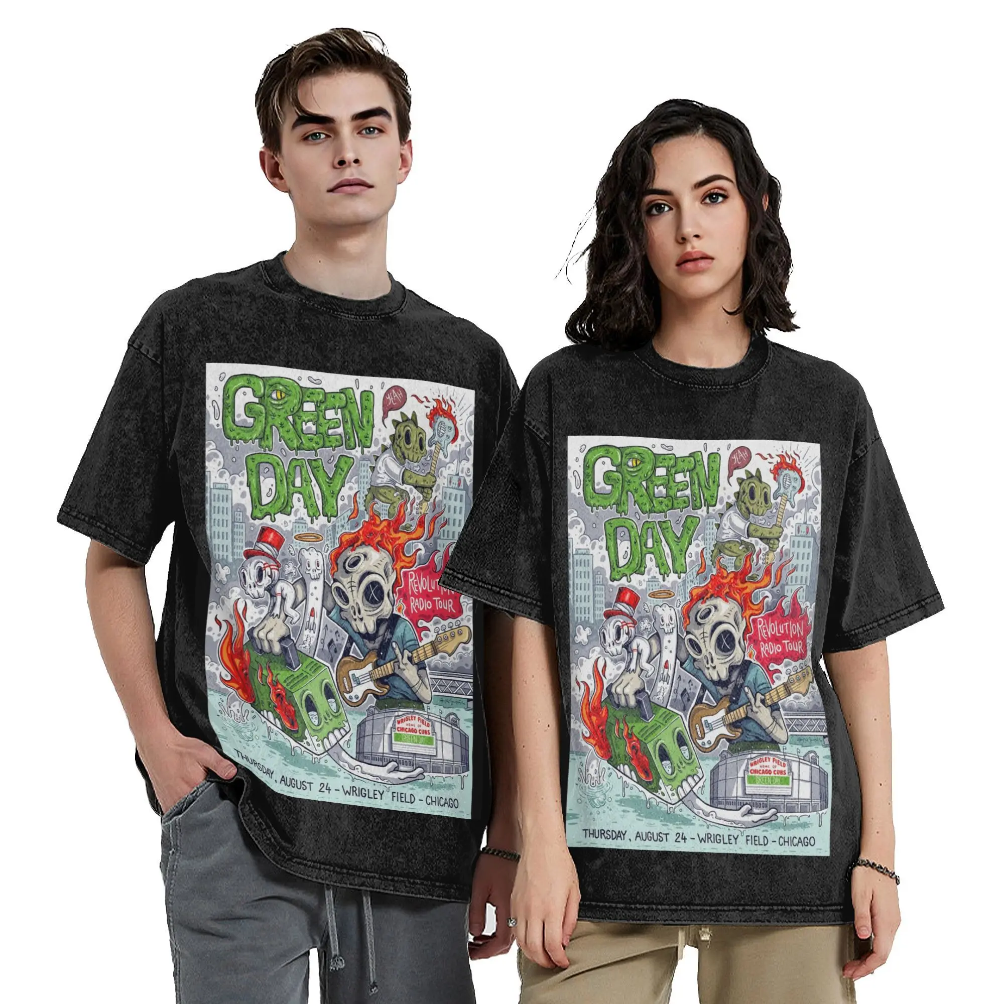 Men Women Harajuku Washed T-shirts Green Day Rock Band Tour 2024 Print T Shirt Outfit High Street  Tees