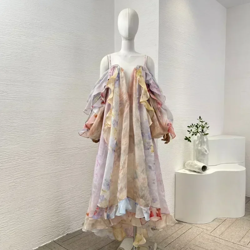 Linen Silk 2025 New Design Holiday Beach Style Floral Print Ruffles Off Shoulder Sling Backless Women High Quality Maxi Dress