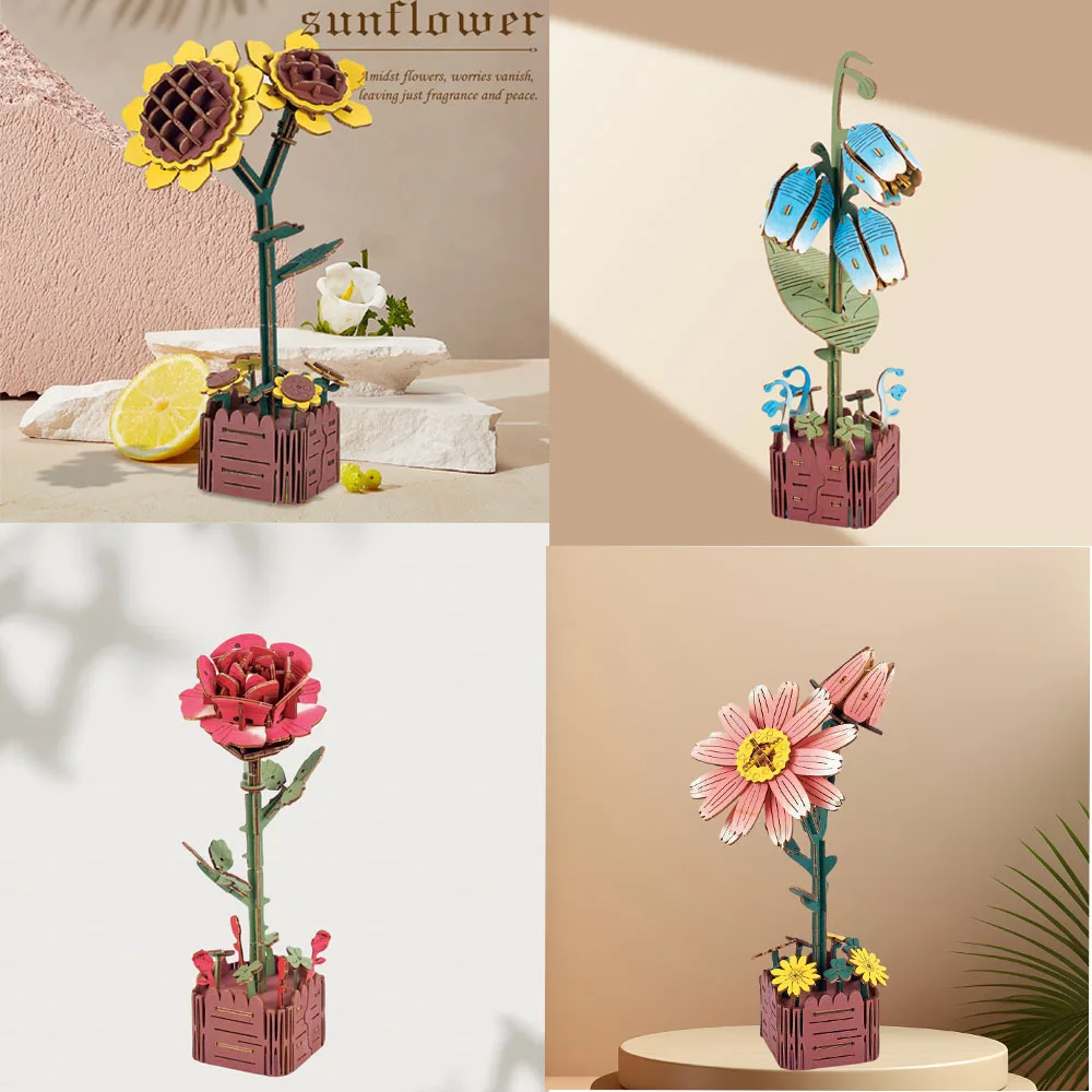 Margarita madera arte bloque de construcción flor arreglo floral de madera rompecabezas DIY regalo juguete ornamento