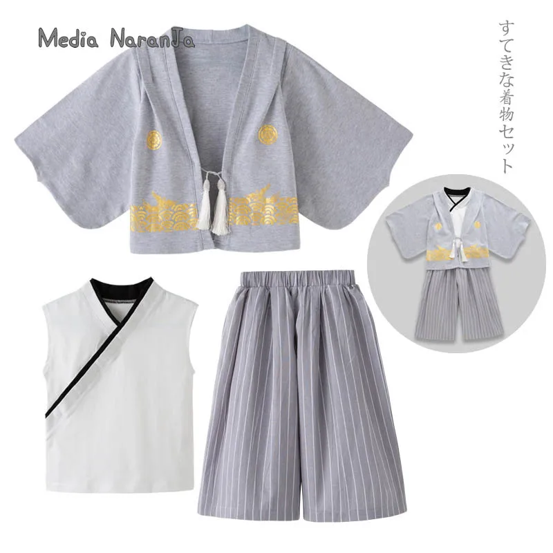 Japanese children kimono boys girls kimono set spring  autumn long sleeved jacket vest pants performance clothing