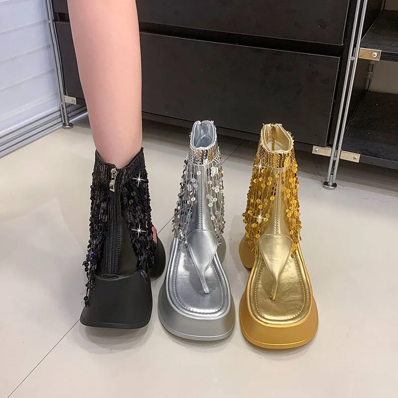 Summer Women's Thick Soled Shoes Trend Roman Wedge Lady Cool Boots Sequin Tassel Flip Flops High Heels Slides Women Ankle Boots