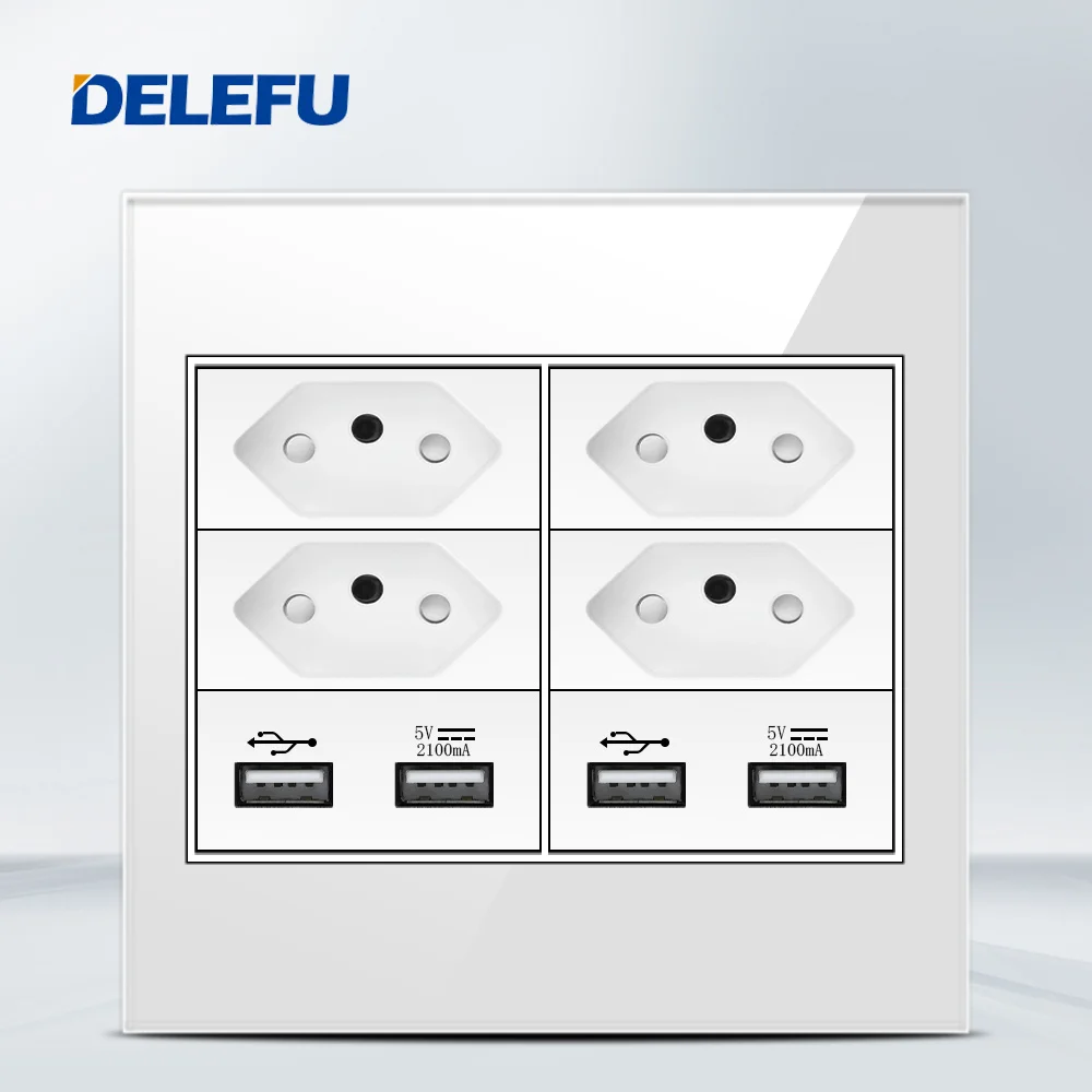 DELEFU-Panneau en verre arrang4 x 4, prise standard brésilienne, double USB Type C, prise de courant murale, interrupteur d'éclairage de bureau, blanc, 10A, 20A