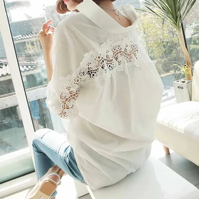 Fashion Sexy Cotton Lace White Shirts Turn-down Collar Women Embroidery Floral Blouse Hollow Female Shirt Loose Casual Tops 1310