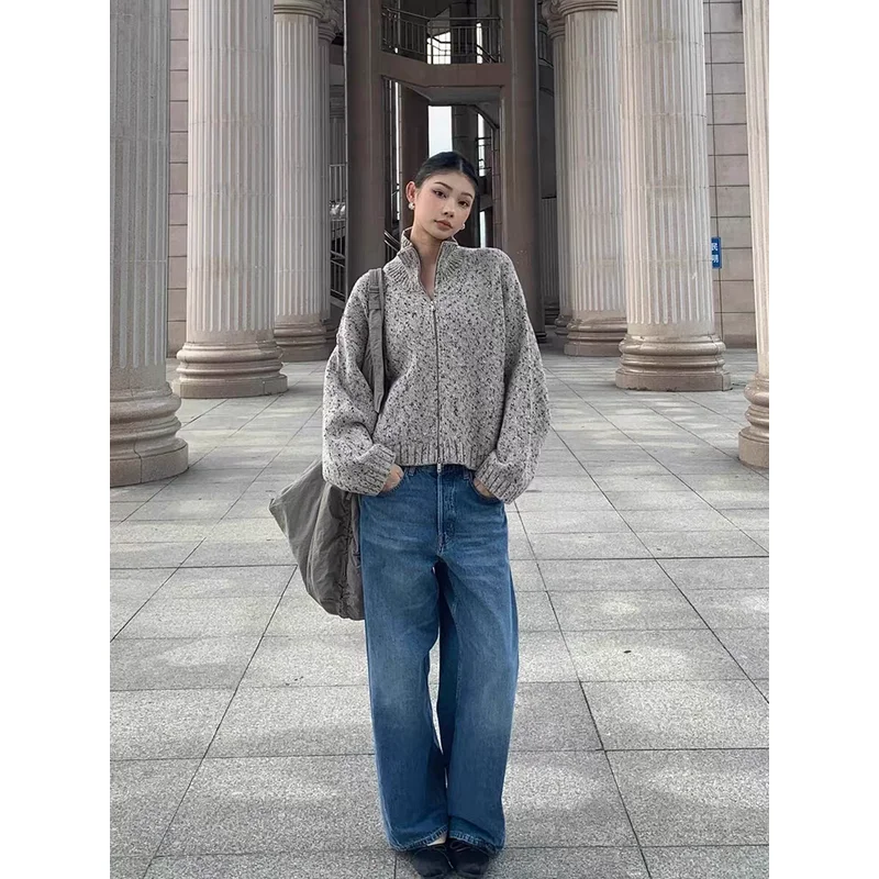 カジュアルウールテクスチャジッパーニットセーターコート CS Sle レディースファイオン秋アウターウェアロングスベ暖かいレギュラーフィット