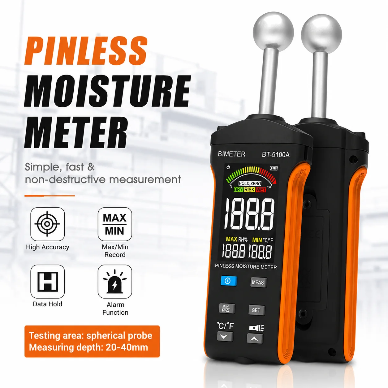 

HP-5100A Pinless Moisture Meter with Ball Probe, Colour LCD Screen and Alarm Function for Walls, Wood, Masonry, Concrete, Gypsum