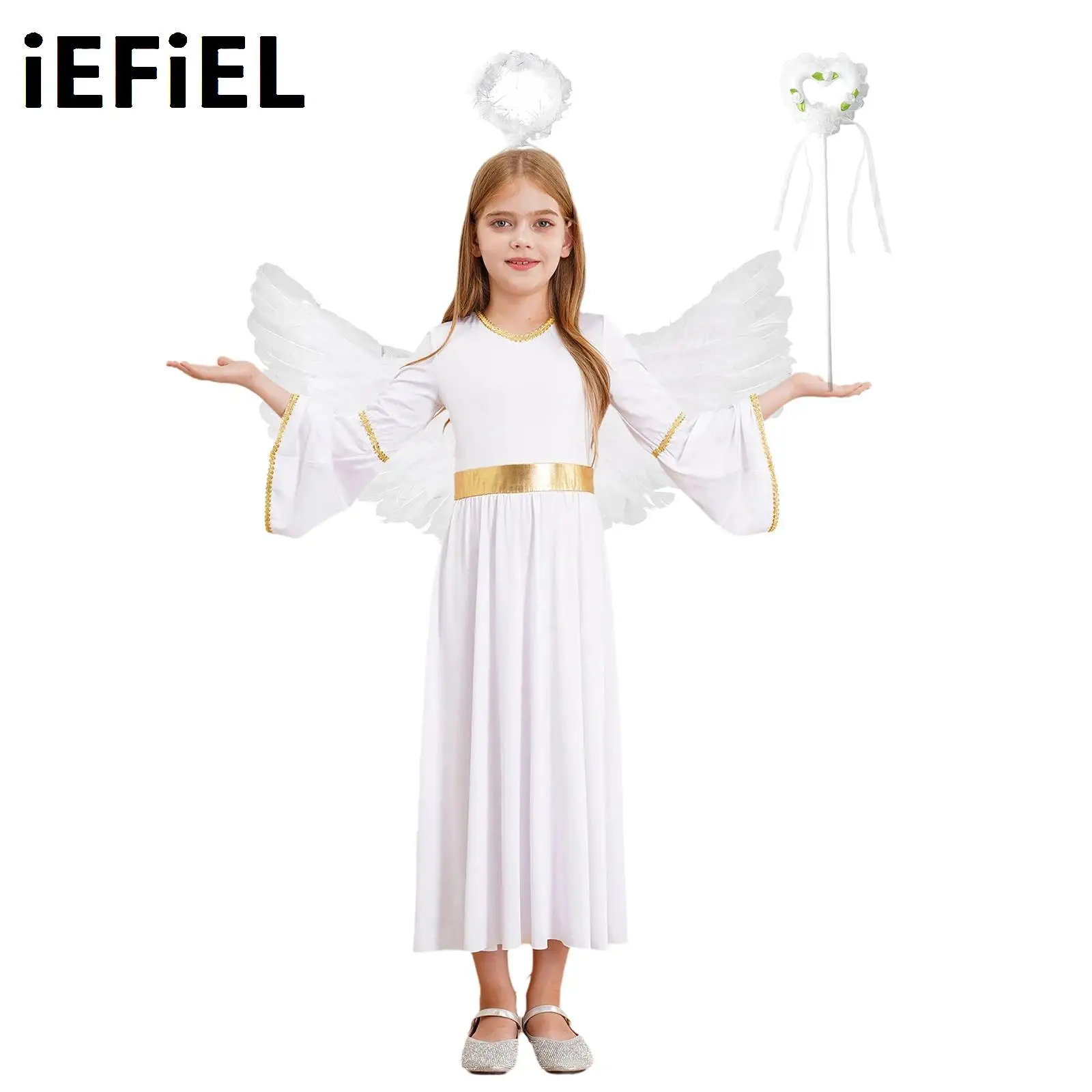 Girls Angel Cosplay Costume Sets Angel Dress with Feather Wings Headband And Fairy Sticks for Halloween Cosplay Performance