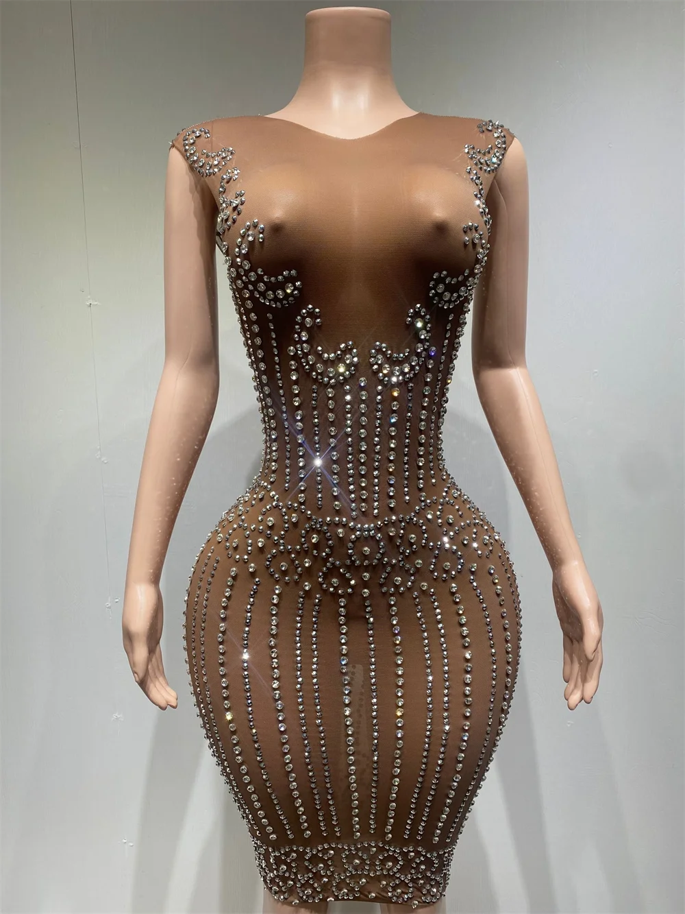 

Women See Through Stretch Diamonds Beading Sparkle Bodycon Mini Short Dress Ladies Evening Club Party Nightbar Stage Costumes