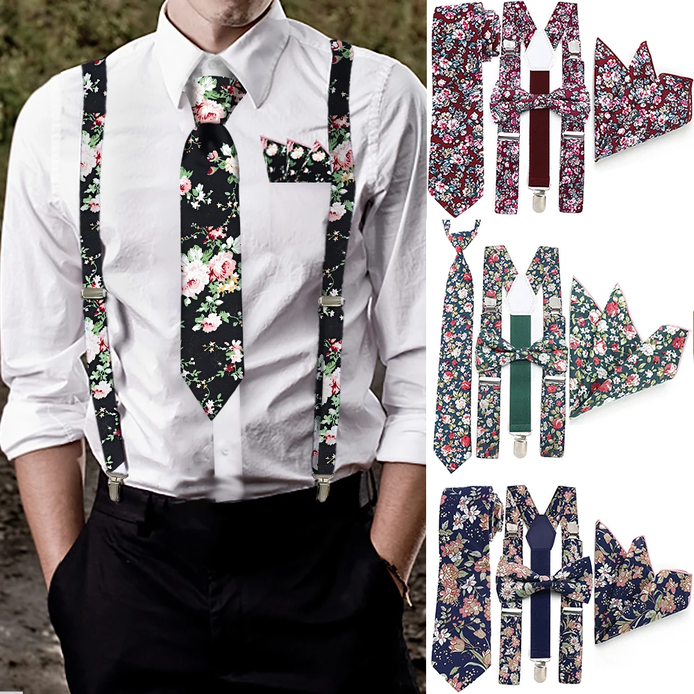 conjunto-de-4-pecas-com-gravata-borboleta-e-suspensorio-de-algodao-estampado-floral-para-pais-e-filhos-acessorios-de-camisa