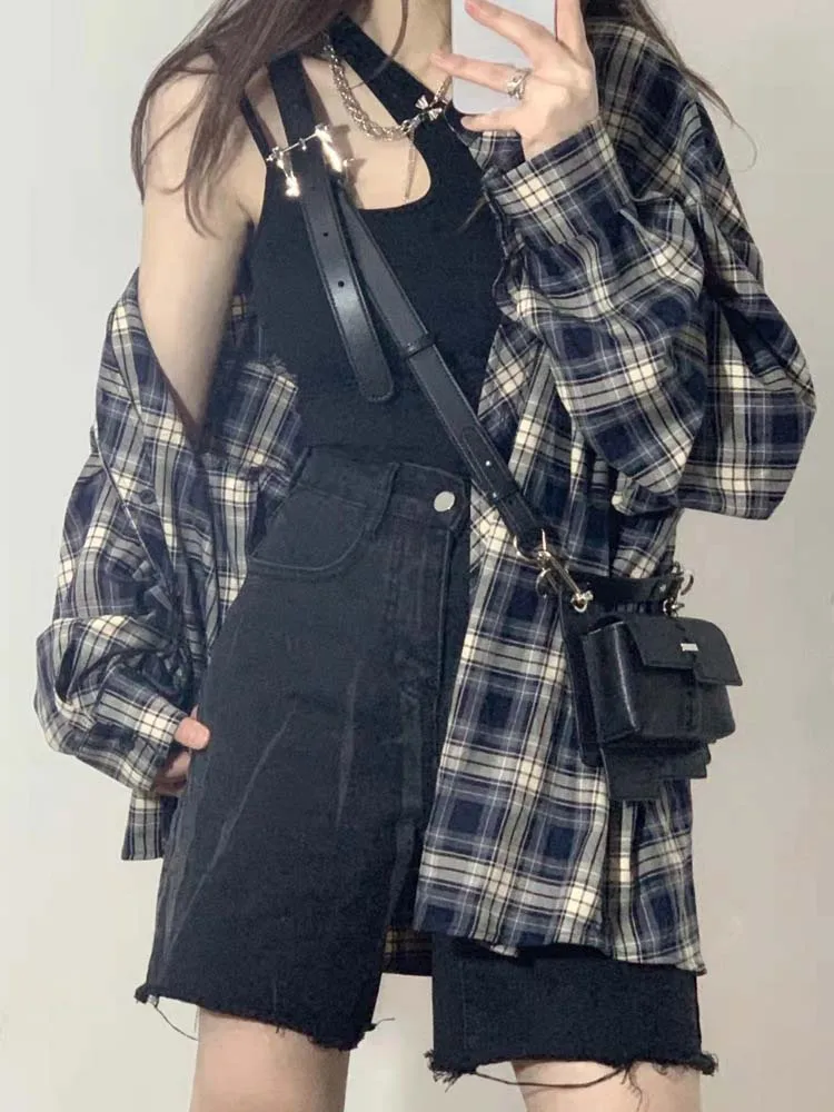 Vintage Plaid Shirt Streetwear Harajuku 90s Oversized Blouses Korean Style Long Sleeve Tops Ladies Casual Female Checked Shirt