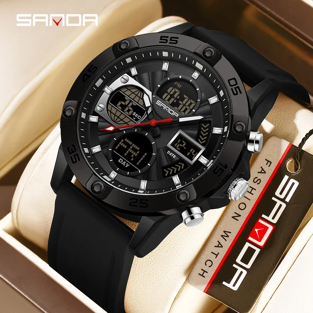 

SANDA новые модные мужские спортивные часы 6239 с двойными дисплеями и двойными механизмами, многофункциональные водонепроницаемые часы 5 АТМ в подарок