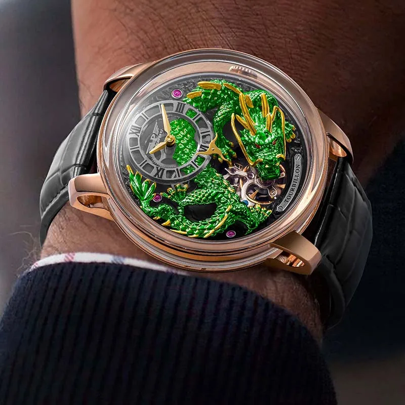 ساعة Pindu الفاخرة والأزياء المخصصة المقاومة للماء بمينا التنين الذهبي والفضي أوتوماتيكية بالكامل للرجال توربيون