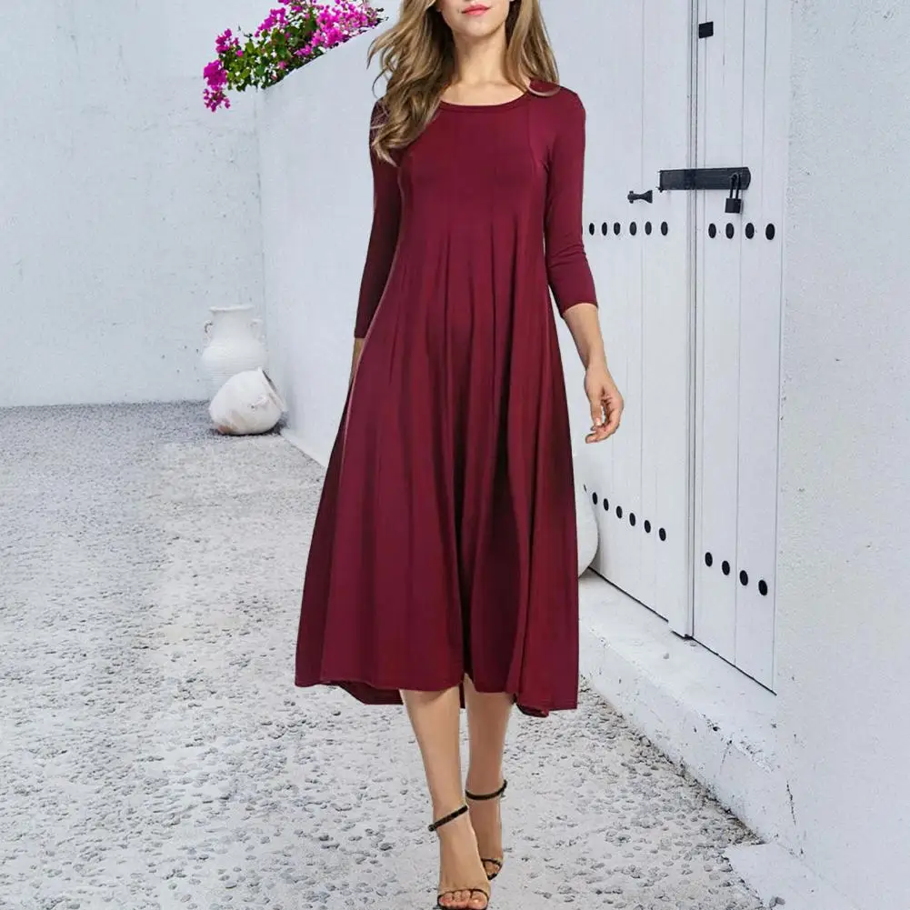 

Women Loose Style Dress Elegant Women's Pleated A-line Midi Dress for Summer Beach Vacation Flowy Sundress with 3/4 Sleeve Crew