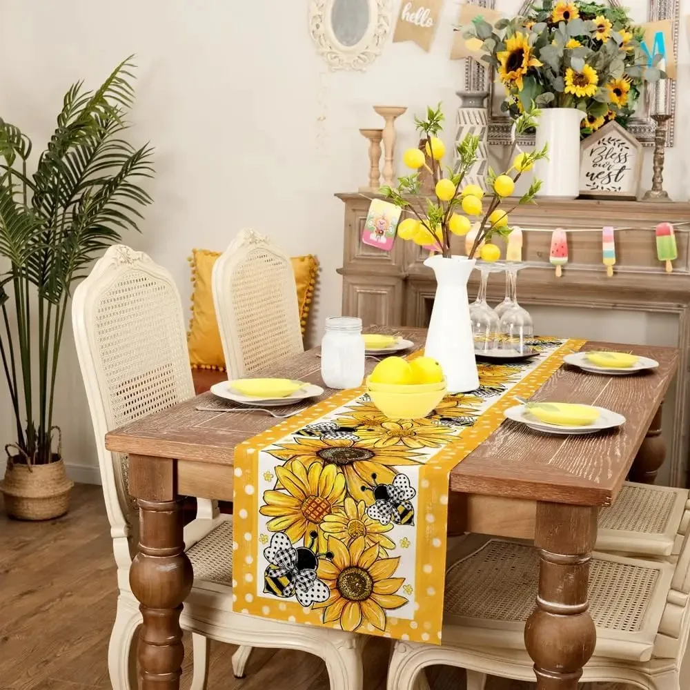 Summer Fall Linen Table Runners Yellow Sunflower Bee Polka Dot Dresser Scarf Table Decor Wedding Party Kitchen Dining Room