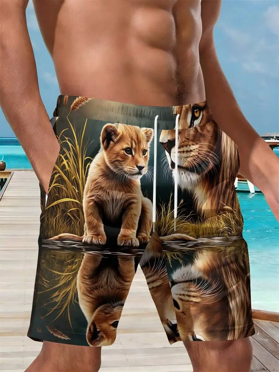 

Mens 3D All-Over Print Lion And Cub Reflection Beach Shorts For Summer Outdoor Activities
