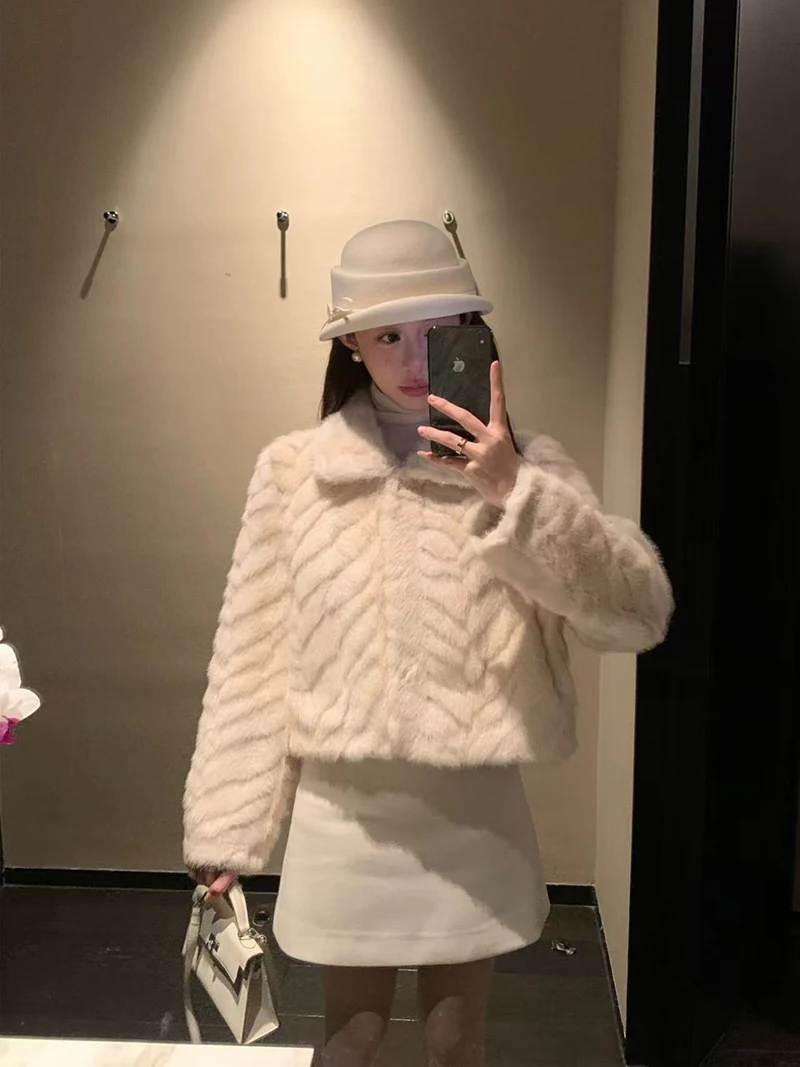 Chic Cream Women Faux Fur Jacket Lapel Collar Button Down Coat Long Sleeve Cropped Loose Luxury Cozy Winter Outerwear Top