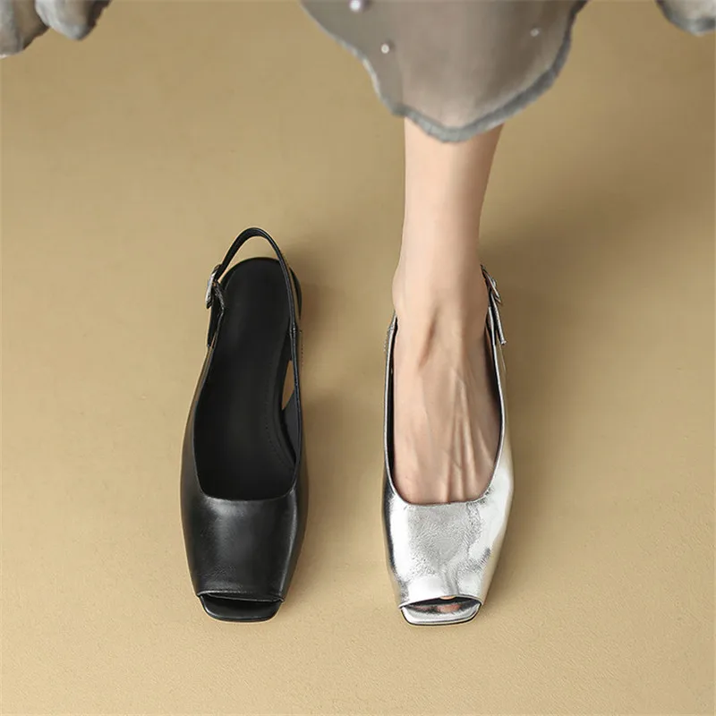 

New Summer Sandals Split Leather Women Shoes Square Toe Shoes for Women Fashion Fish Mouth Sandals Handmade Low Heels Sandals