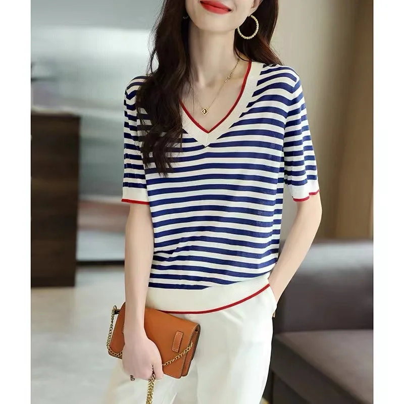 

Ice knit short sleeve cardigan blouse thin matching striped cotton T-shirt summer loose age-reducingcotton and linen half sleeve