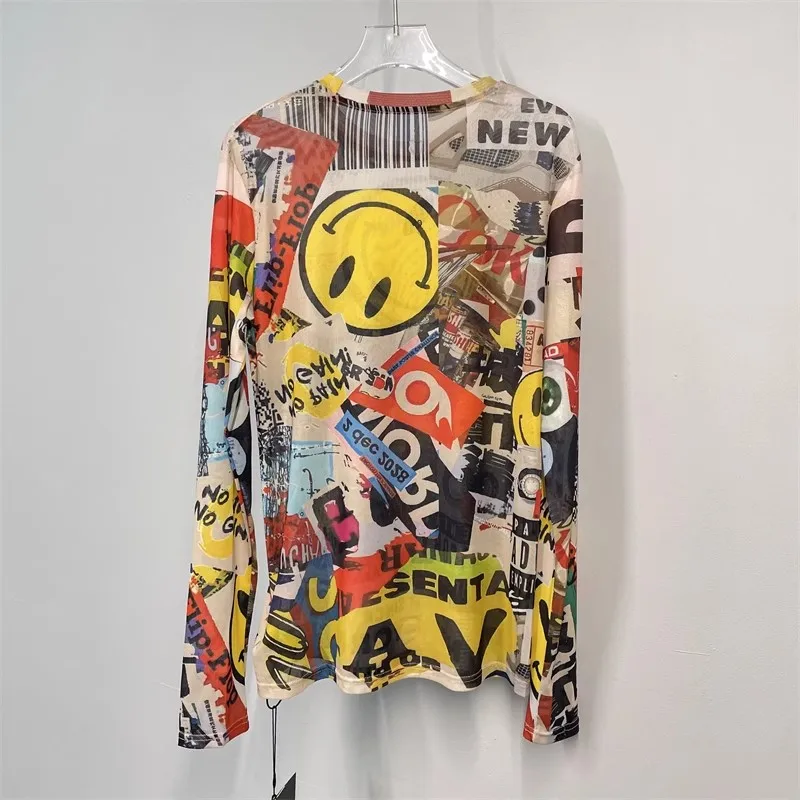 Graffiti Print T-Shirt Women High Stretch Ice Silk O-Neck Long Sleeve T Shirt Female Casual Fashion Summer Tees Sunscreen Tops