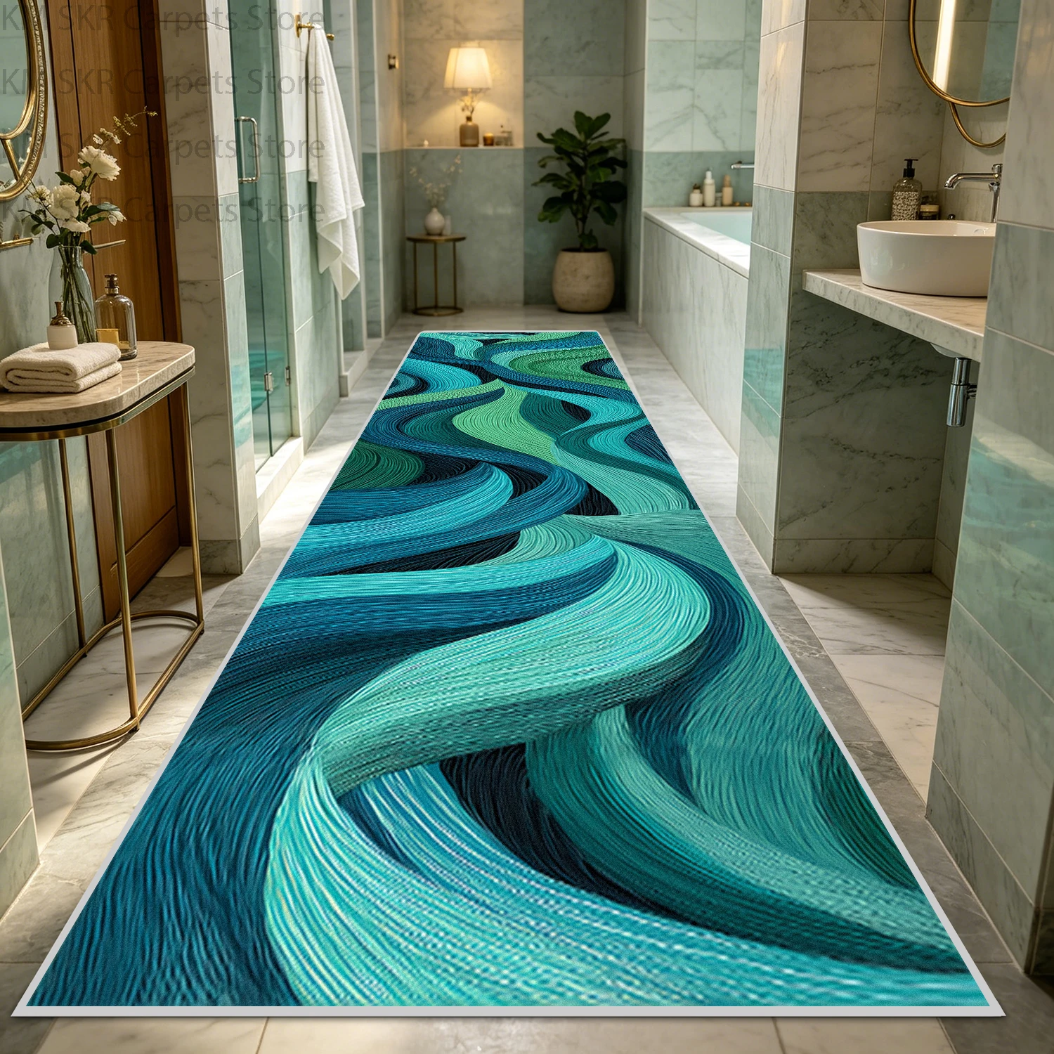 3D Blue Green Abstract Long Runner Carpet Anti Slip Washable Decoration Living Room Kitchen Mat Villa Stair Rug Customizable