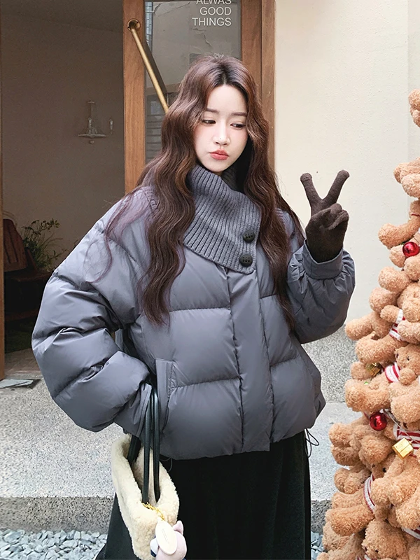 니트 스탠드 칼라 브레드 다운 재킷 여성용 2025년 겨울 신상 하이 디자인 감각적 따뜻한 외투