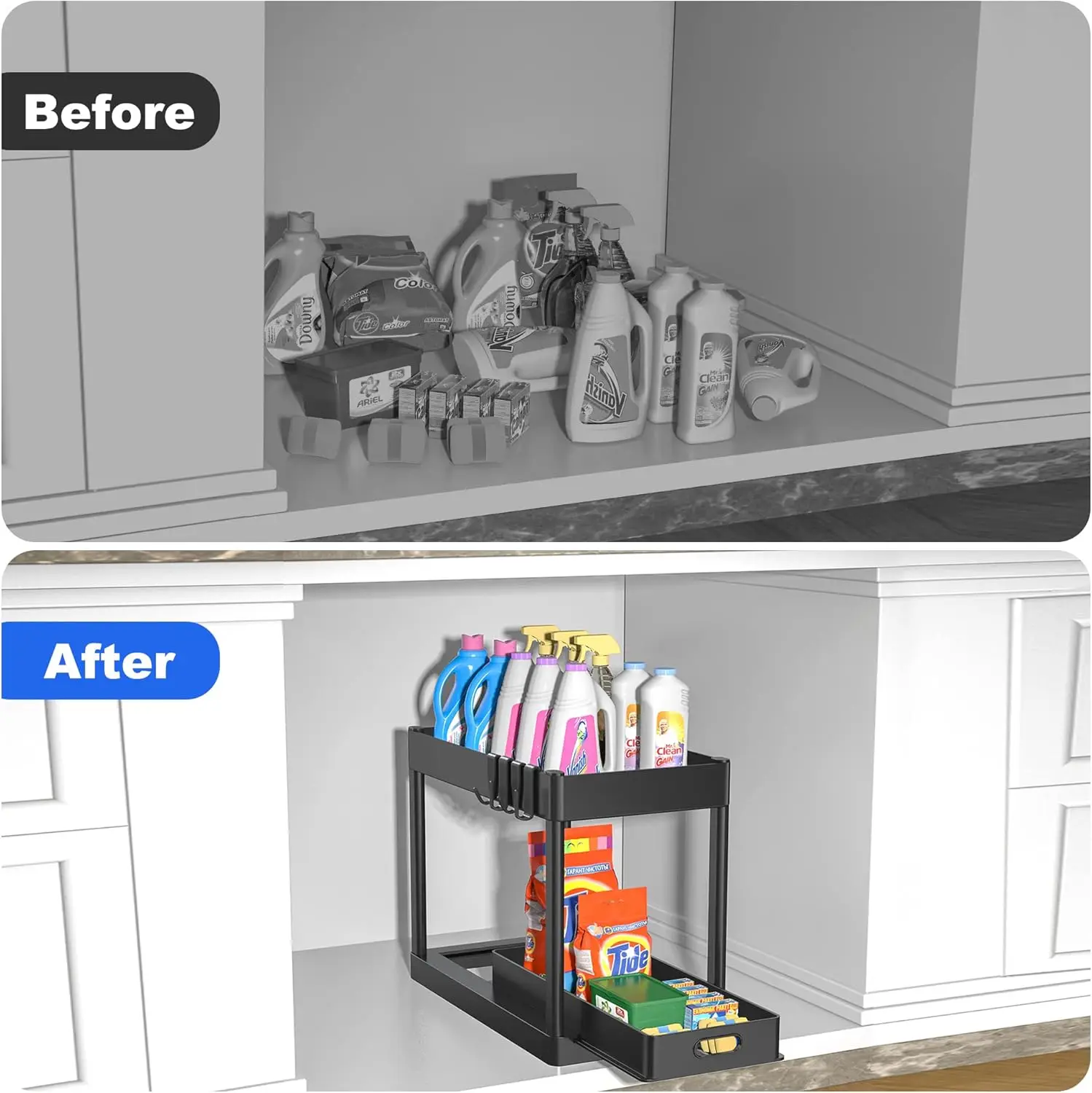 رف تخزين مثبت على الحوض بطبقة مزدوجة، وحدة رفوف خزانة المطبخ، وسلة تخزين الحمام متعددة الأغراض.