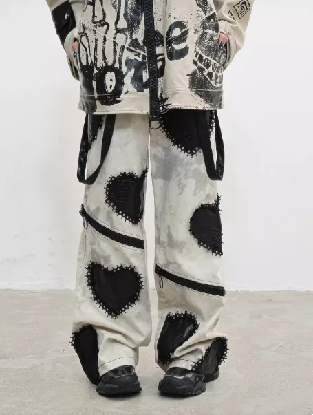 New Original Harajuku Gothic Pants for Girl, Casual Grey Zipper Stitching Pants, Fashion High Waist Loose Pants, Streetwear