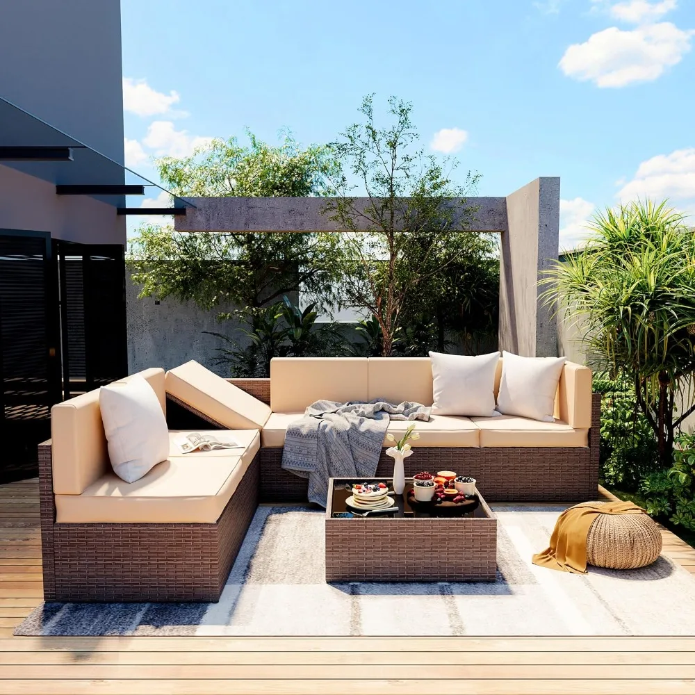 

7 Pieces Modular Outdoor Sectional, Patio Sectional Sofa Conversation Set, Rattan Sofa with Coffee Table and Washable Cushions