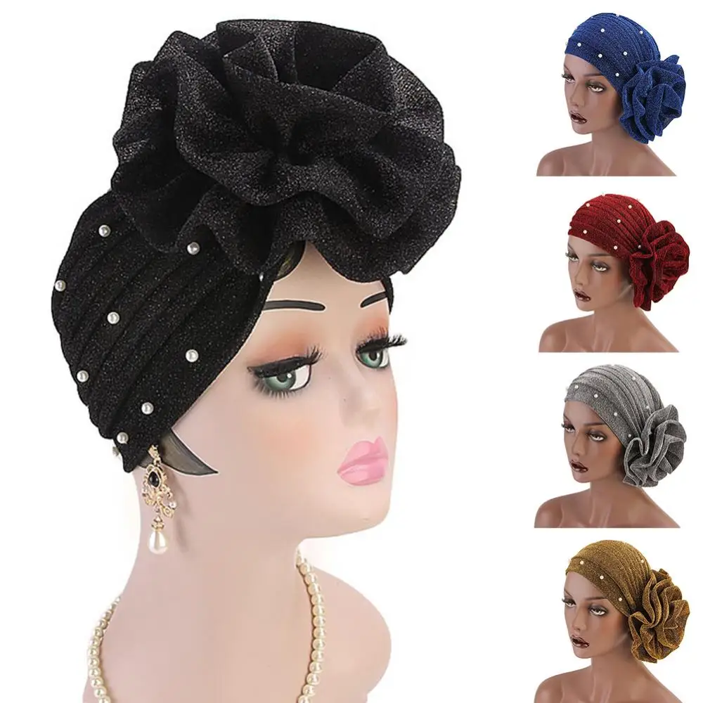 Faux Pearl Women Head Wraps Muslim Headscarf Bonnet Big Flower French Turban Hat Bandana Headband Women's Hair Cover Cap Ladies