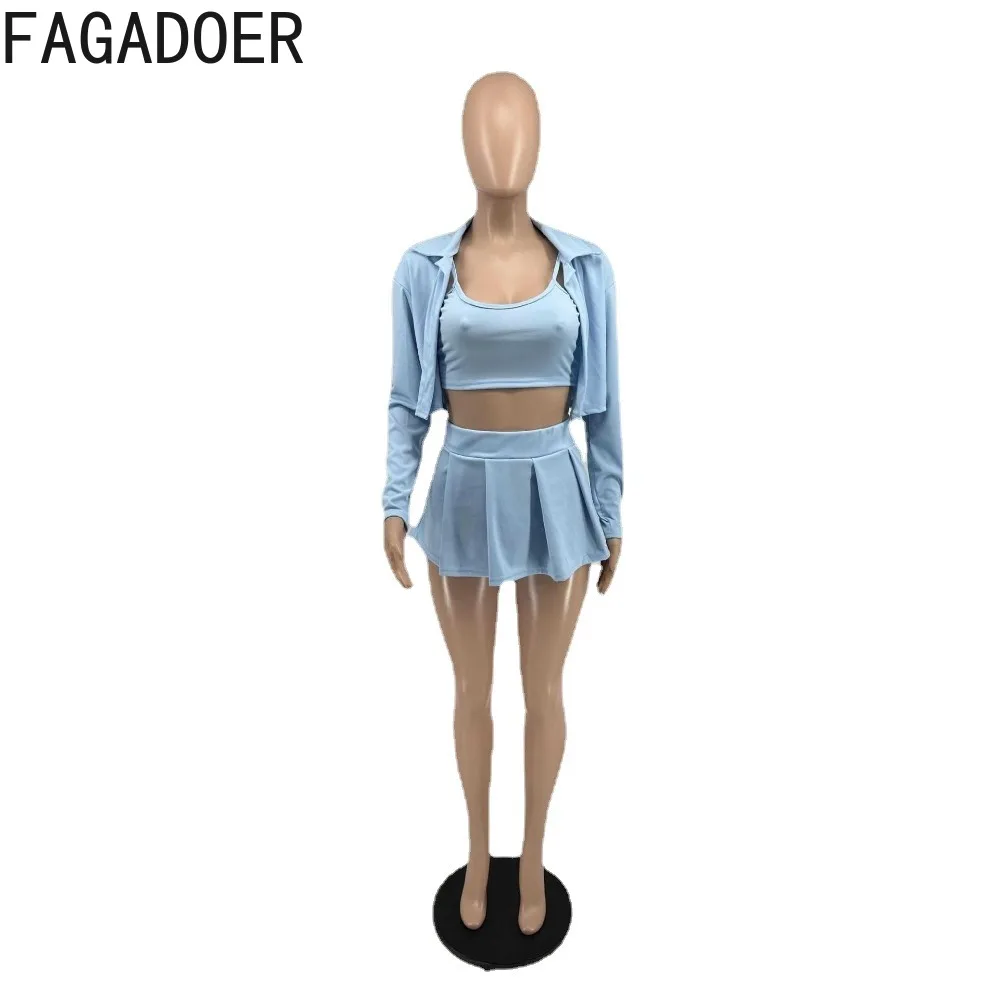 FAGADOER Spring New Y2K Solid Color Pleated Skirts Three Piece Sets Women Vest + Long Sleeve Crop Coat + Mini Skirts Streetwear