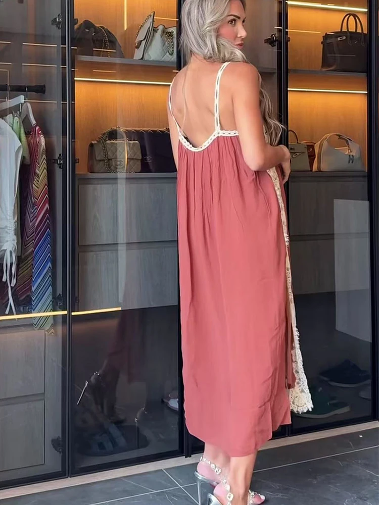 TFMLN 2026 Women's Spaghetti Strap Dress Lace Patchwork Sleeveless Sling Loose Straight Dresses Summer Female Holiday Robe