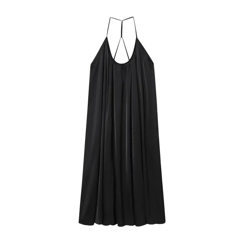 Robe longue en Satin de soie française, col licou, mode, élégante, plissée, décorative, gilet, été, sans manches, pour femmes