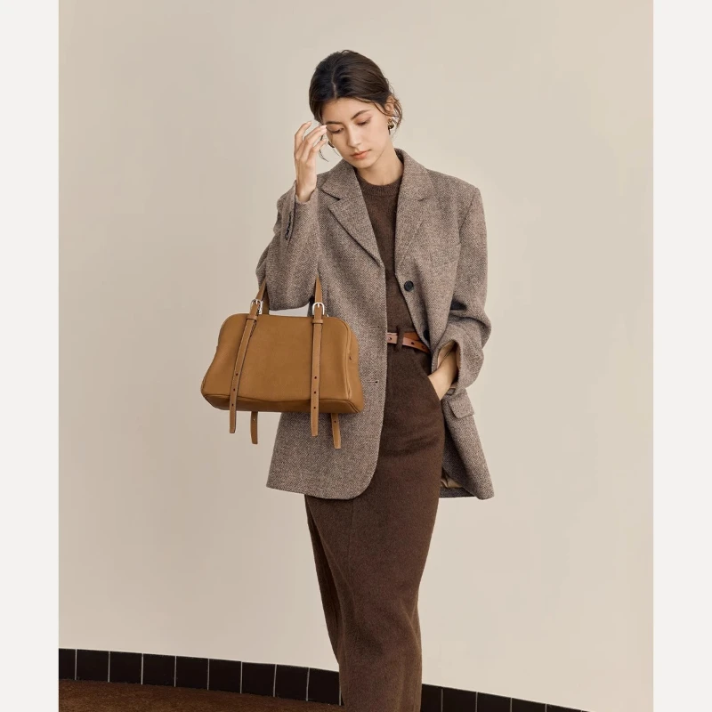 حقيبة بولينج من جلد البقر المدبوغة بالخضراوات من Qiuzhen للنساء مع حقيبة كتف ذات سعة كبيرة وحقيبة حمل #2