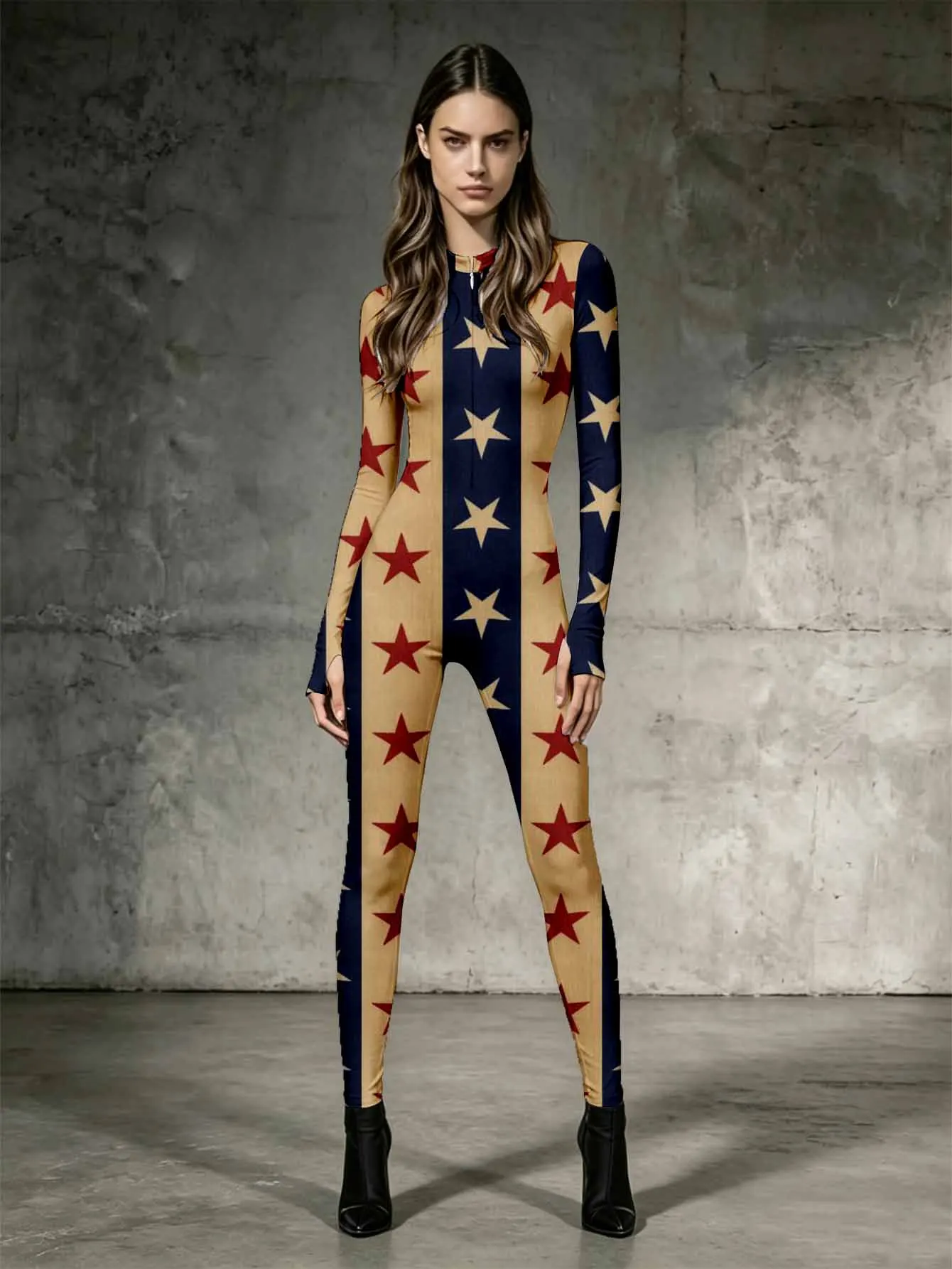Slimming jumpsuit with stand up collar and long sleeves, close fitting and elastic for daily outdoor wear