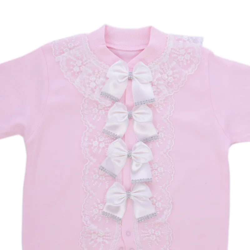 Newborn Baby Footed Romper 0-9 Months 3Pcs Baby Pink White Satin Bow Rhinestone Lace Trim Long Sleeve Jumpsuit Princess Boutique