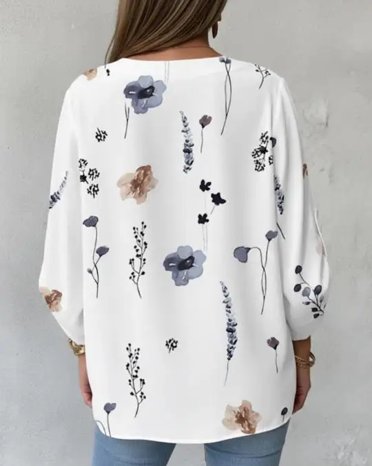 Los chiffon damesshirt met bloemenprint in de lente en zomer, V-hals en opgerolde mouwen, geschikt voor dagelijks woon-werkverkeer
