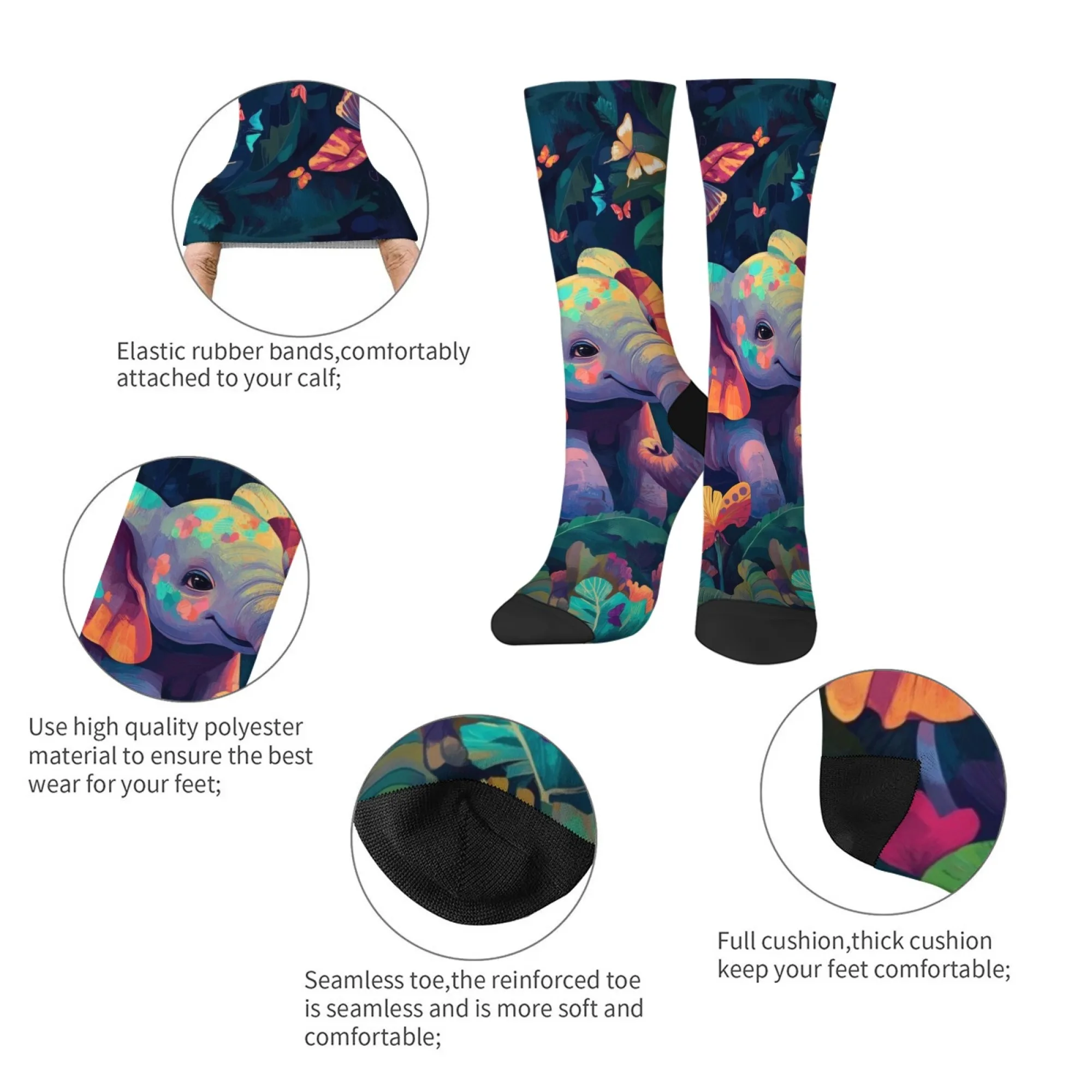 Męskie skarpety z nadrukiem słonia w stylu kreskówkowym, wygodne, oddychające, antypoślizgowe skarpety codzienne, oryginalne skarpety Harajuku w stylu retro street hip-hop, idealne na prezent.