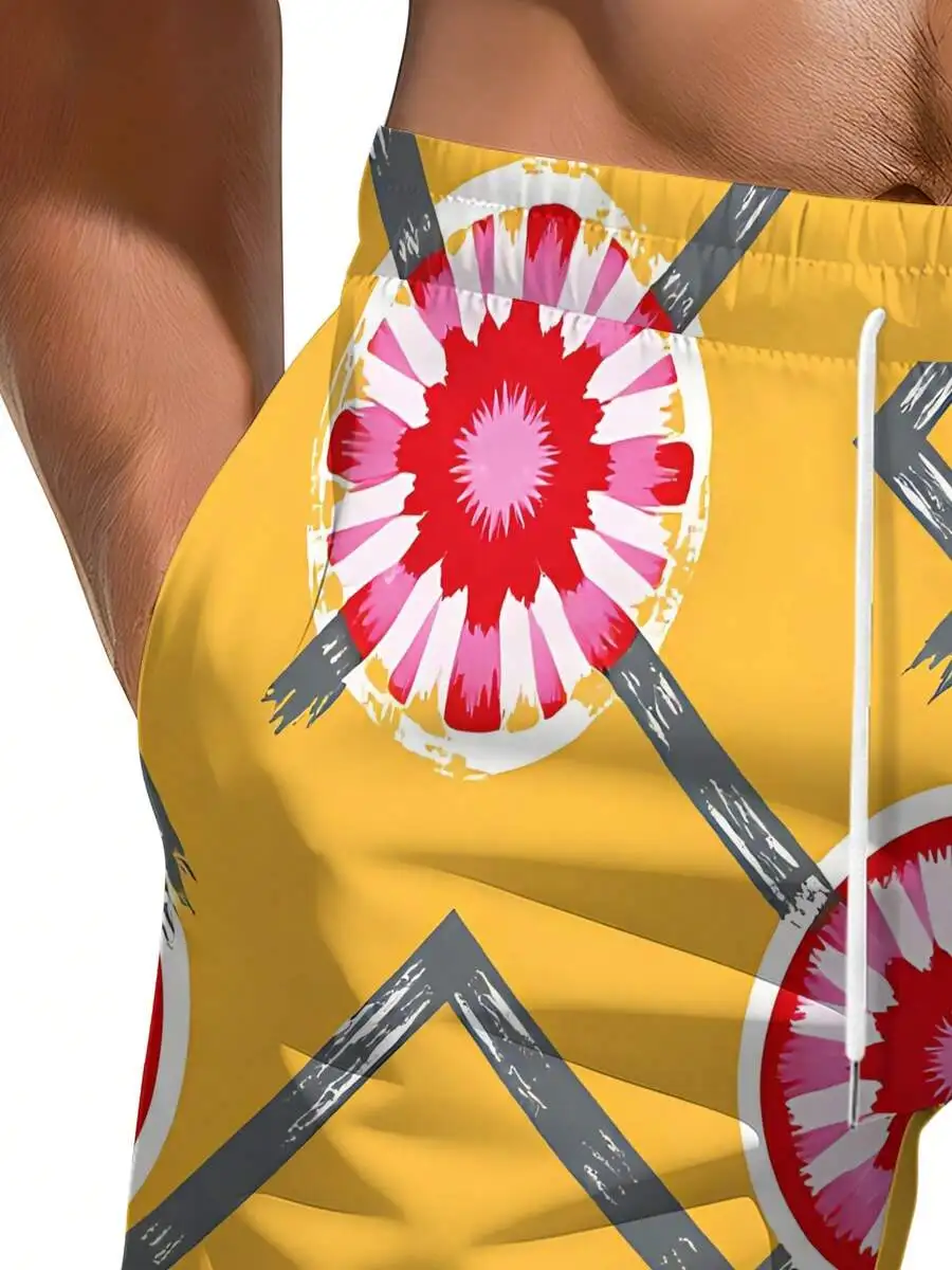 

Mens Geometric Floral Printed Beach Shorts Vibrant Yellow Red Pink Pattern Summer Spring Outfit