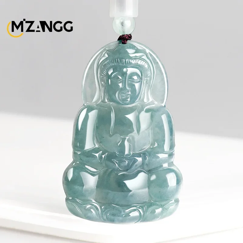 

Genuine Natural Jadeite Blue Water GuanYin Pendant Ice Men and Women High-grade Luxury Jade Necklace Lucky Amulet