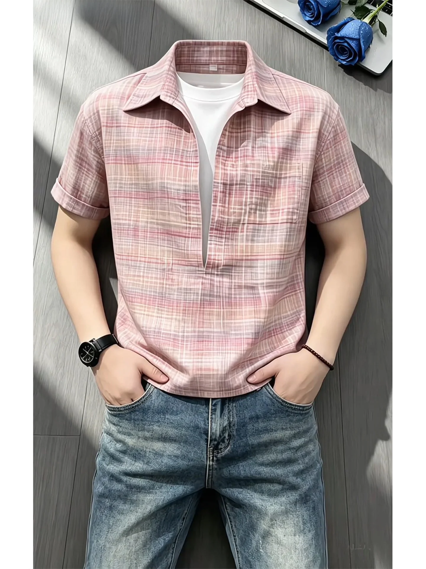 

Cleanfit Bubble Shirt V-Neck Short Sleeve Men's Summer Lazy Style Sunscreen Shirt Breathable Lightweight Casual Shirt