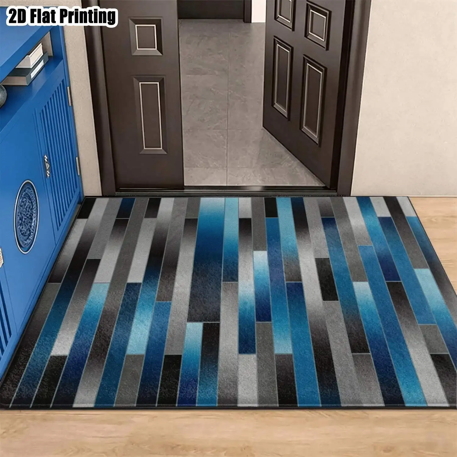1Pc 2D Printed Blue-Grey Geometric Striped Nordic/Instagram Style Carpet, Modern Minimalist Home Decor Floor Mat, Multiple Sizes, Machine Washable, for Entrance, Dining Room, Foyer, Bedroom, Living Room